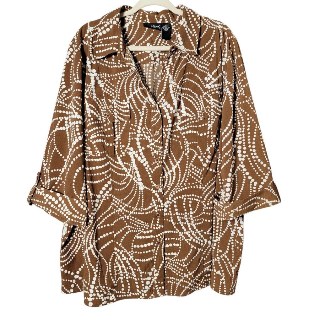 Maggie Barnes Womens Brown Abstract Button Up 3/4 Roll Tab Sleeves Top 2X 22/24W